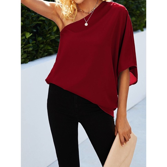 Off the shoulder One Shoulder Batwing Sleeve Blouse boho burgundy - Picture 2 of 10